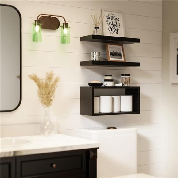 Black Floating Shelves Set of 3, Modern Bathroom Shelves Wall - Picture 3 of 7